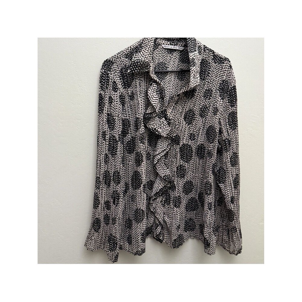 signature by larry levine xl Ruffled Button up Black Blouse large pleated A2